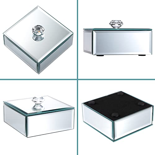 Hipiwe Silver Glass Mirrored Jewelry Box with Crystal Handle Square Trinket Organizer Treasure Chest Case Classic Keepsake Box for Storage Rings Earrings Necklace Bracele (Small, Silver) (Pack of 2) Small (Pack of 2)