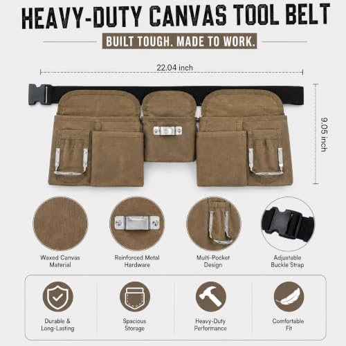 CTHMTMXS waterproof waxed canvas tool belt for men with 19 pockets, tear-resistant design