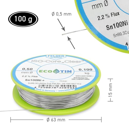 Galunoptimal Solder Tin ISO Core Soldering Wire Clear Sn100Ni+ Sn99.3CuNiGe 0.5 mm on 100 g Spool Made by Felder GmbH in Germany