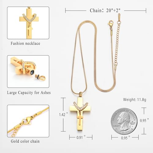 Cremation Jewelry for Ashes Pendant - Cross Urn Necklace with Mini Keepsake Urn Memorial Ash Jewelry Gold