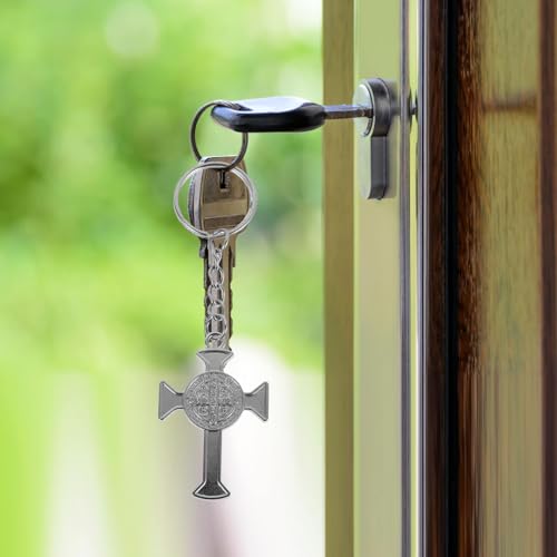 Saint Benedict Cross Keychain, Zinc Alloy Religious Crucifix Key Rings with Fine Workmanship and Wear Resistant Finish, Elegant Craftsmanship for Easter and Baptisms, Silver