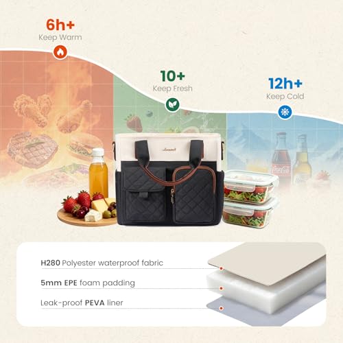 LOVEVOOK Insulated Lunch Box for Women,Large Adult Lunch Cooler Bag Women Black/White/Brown - Quilted Stitch 18L (Extra Large)