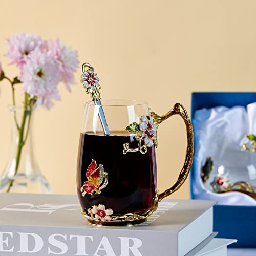 Tea Cup Glass Coffee Mugs,Fancy Tea Cup Set Birthday Christmas Valentine's Day Gift Idea for Tea Lover and Women Novelty Coffee Mugs Rose Flower Enamel Tea Cup Glass Mug with Spoon Red daisy butterfly