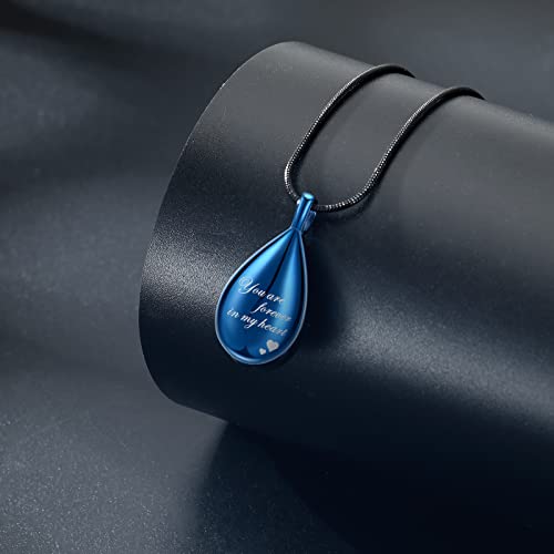 Urn Pendant Necklace Teardrop Cremation Jewelry for Ashes Memorial Keepsake for Women Jewelry Funeral Ashes Holder Collarbone Necklace You are forever in my heart Blue