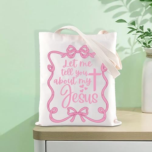 FOTAP Christian Coquette Merch Girly Christian Cross Tote Bag Let Me Tell You About My Jesus Quote Handbag Baptism Religious Gift Myjesus Tuk