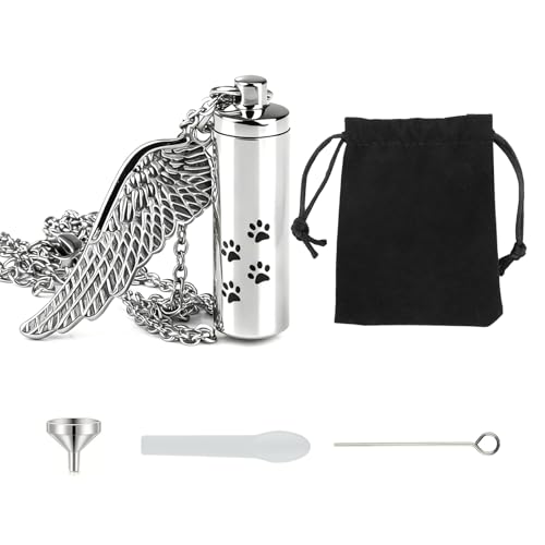 Cylinder Pet Ashes Necklace with Angel Wing, Stainless Steel Dog Urn Pendant for Ashes, Silver Cremation Jewelry Keepsake with Funnel & Pouch, Cat & Pet Memorial Necklace Paw
