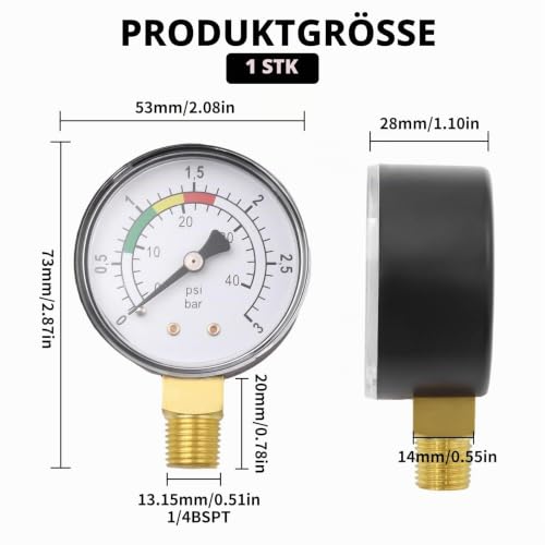 Black Pressure Gauge 1/4 Inch Pool Compressed Air 0-3 Bar/40 PSI Water Pressure Knife for Gas and Water