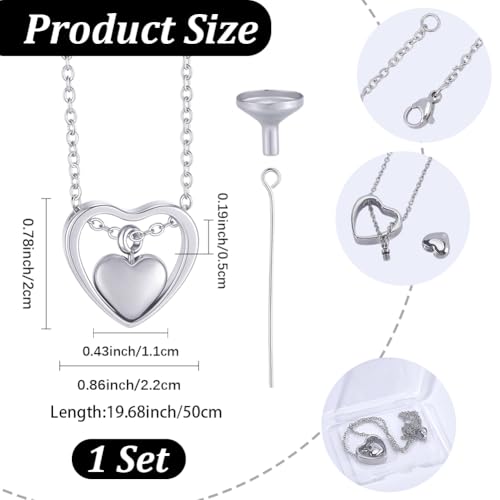 CREATCABIN 1 Box Double Heart Urn Necklace Silver Ashes Necklace 16 Inch Stainless Steel Keepsake Pendant Locket Funnel with Eye Pins Cremation Jewelry for Human Ashes Holder Pets Memorial Funeral