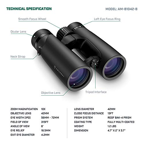 Amcrest 10x42 Roof Prism Binoculars for Adults, HD Professional Binoculars for Bird Watching, Travel, Stargazing, Hunting, Concerts, Sports, BAK-4 Prisms, Smart Phone Adaptor for Photography