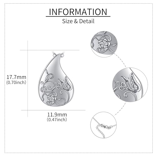 Teardrop Urn Necklace 925 Sterling Silver Butterfly Urn Necklace for Ashes Cremation Jewelry for Women