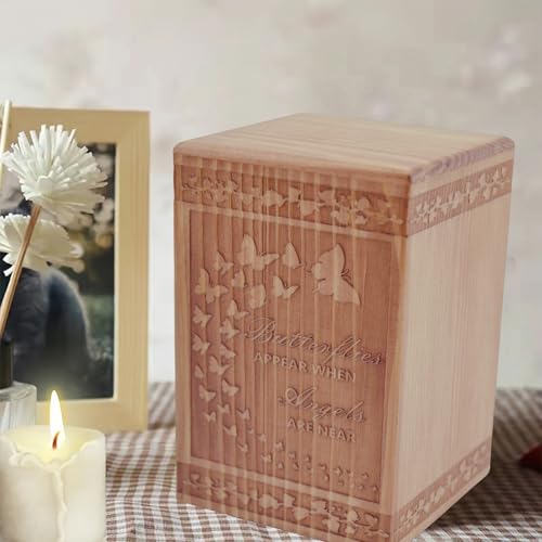 Handmade Wooden Cremation Urn for Ashes with Butterfly Engraving 24 Cubic Inch Pet Human Urns Funeral Memorial Keepsake Casket Box for Adults, Children, Pets (Cats, Dogs) Small