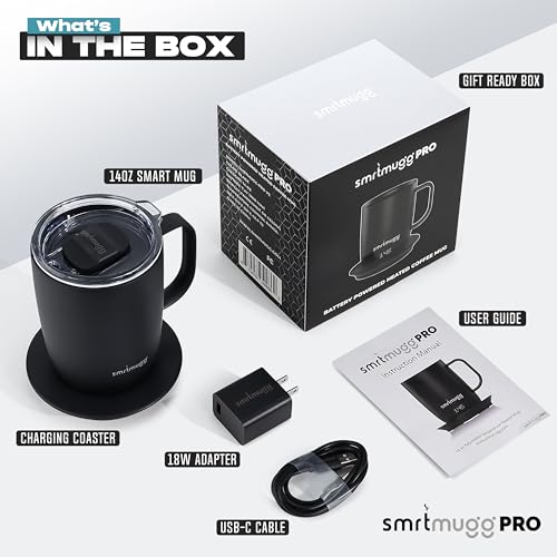 SMRTMUGG PRO 14 oz. Self-Heating Coffee Mug – 4-Hour Battery Life, Adjustable Temperature Control, LCD Display, One-Touch Adjustment, Magnetic Slider Lid – Keep Your Coffee Hot for Hours! Black