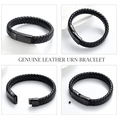 zeqingjw Cremation Urn Bracelet for Ashes Leather Memorial Urn Bangle Ashes Holder Stainless Steel Loved Ones Funeral Keepsake Bracelet for Human Pet with Fill Kit A-Black-22CM/8.66inch
