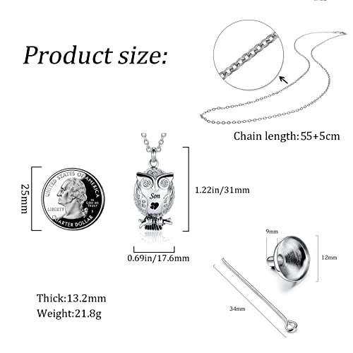 Owl Animal Cremation Urn Necklace for Ashes Crystal Memorial Keepsake Pendant Jewelry with Funnel Filler Kit for Dad Mom Grandma Son