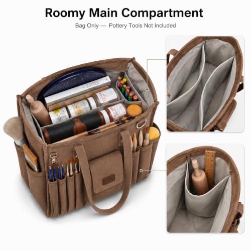Picsurs brown pottery tool bag with multiple pockets for clay tools and art supplies