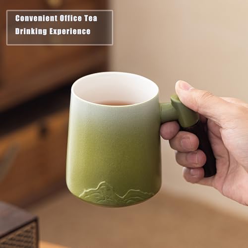Tmtemn 12oz wood handle tea mug with infuser lid, perfect for brewing tea; shown with gift box packaging.