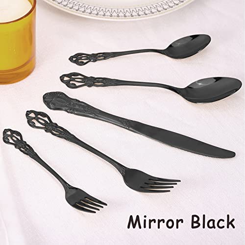 Black Silverware Set for 4, Stainless Steel Gorgeous Retro Royal Flatware Set, 20-Pieces Cutlery Tableware set, Kitchen utensils set Include Spoons And Forks Set, Mirror Finish, Dishwasher Safe Mirror Black Service For 4