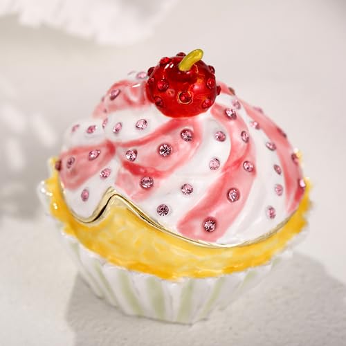 Hand Painted Enamel Cupcake Trinket Box, Hinged Jewelry Organizer Storage, Unique Home Decor Figurine Keepsake Collectible, Personalized Handmade Decoration Ornament Gifts (Pink Cupcake-Cherry) Pink Cupcake-Cherry