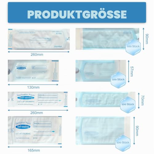 Pack of 400 Sterilisation Bags, 90 mm x 260 mm + 90 mm x 165 mm + 70 mm x 260 mm + 57 mm x 130 mm Self-Adhesive Sterilisation Bags, Disposable Steriliser Bags for Cleaning Tools, Self Sterilisation Bags