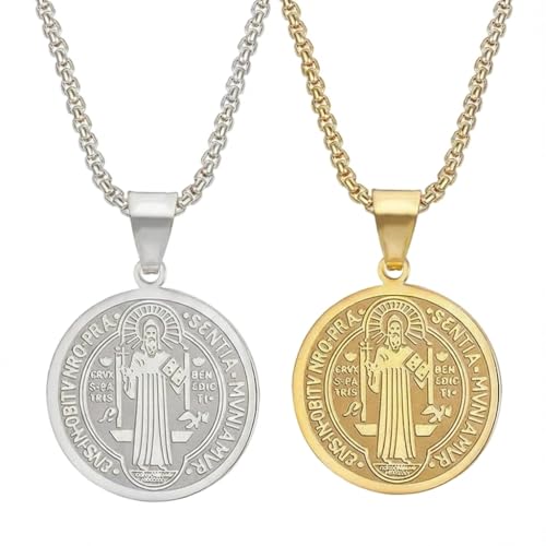 Saint Benedict Medal Necklace for Men Women，Stainless Steel Double Sided Catholic Protection Pendant, St Benedict Medallion Exorcism Amulet for Faith Blessing, 24" Adjustable Chain Gold