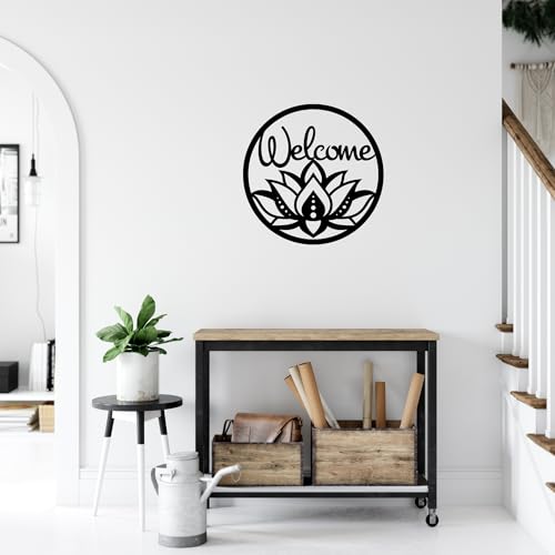 Welcome Lotus Metal Wall Hanging – Handmade Spiritual Boho Wall Decor for Entryway, Living Room, or Meditation Space, Handmade Boho Spiritual Yoga Wall Hanging (12") 12"