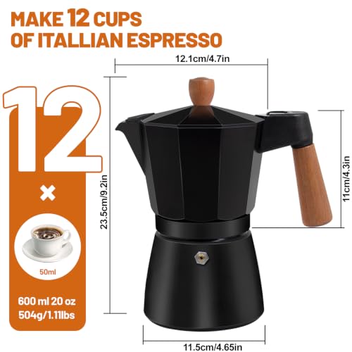 Black 12-cup aluminum stovetop espresso moka pot with solid wood handle by DITOSH, ideal for brewing rich coffee.