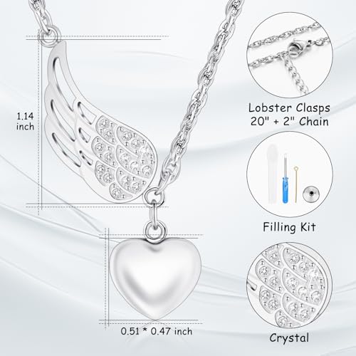 XIUDA Heart Urn Necklace for Ashes with Angel Wing Crystal Cremation Jewelry for Ashes Stainless Steel Memorial Ash Necklace for Women Ash Holder Silver