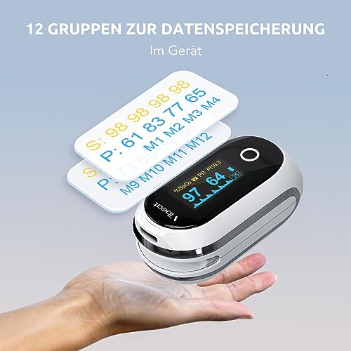 Vibeat Bluetooth Pulse Oximeter with 12 Offline Data, Rechargeable Oxygen Saturation Meter Finger, Continuous Monitoring, Pulse Oximeter, Finger Oximeter, Convenient Heart Rate Monitor with App