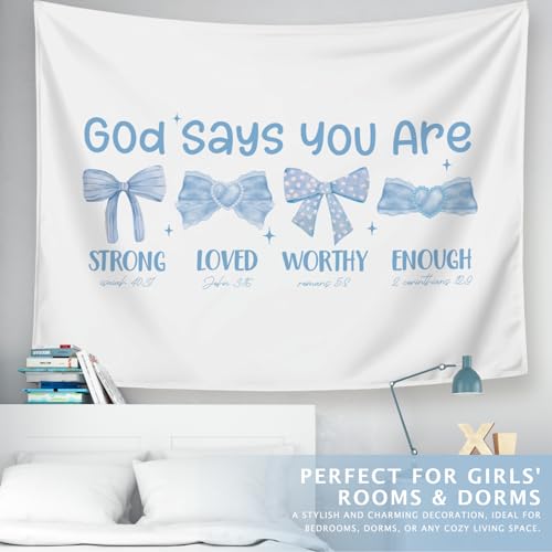 LIANGW Preppy Blue Bow Christian Tapestry, God Says You Are Inspirational Scripture Wall Art, Bible Bow Aesthetic for Girls Bedroom for Dorm Room, Based Blue Room Decor Aesthetic 50x60 inch 03 - God Says You Are(blue01)