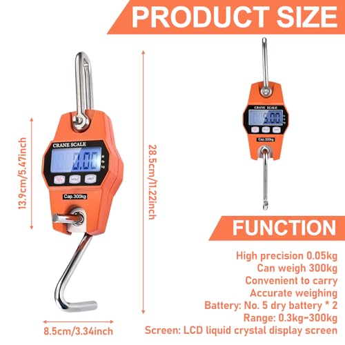 Digital Hanging Scale, 300 kg Mini Portable Scales with Hooks, LCD Display Suitcase Scales Digital with Hooks, Luggage Scales Support Load Scale, Spring Scales for Suitcases, Fishing, Hunting