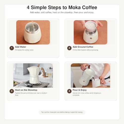 3 Cup Moka Pot, Premium Aluminum Stovetop Espresso Maker, Italian Coffee Maker with Wood-Grain Handle, for Espresso, Compatible with Gas, Electric & Camping Stoves White 3 Cup
