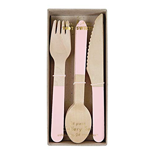 Meri Meri pink wooden cutlery set featuring eco-friendly flatware including forks, knives, and spoons on a white background.