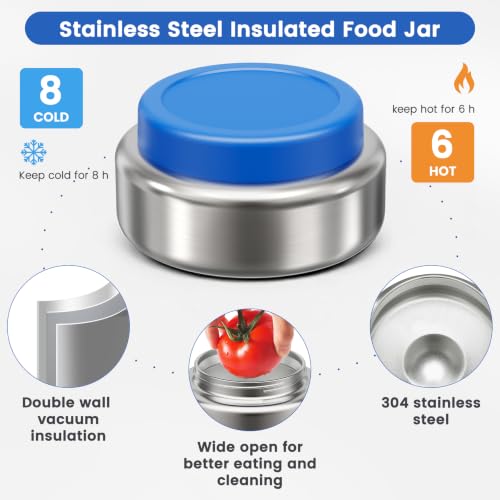 Stainless Steel Bento Box Kids Adult with 7oz Soup Thermo, Transparent Lid 3 Compartments Metal Bento Lunch Box with Insulated Food Jar,Lunch Box Container Sauce Cup for School,BPA-Free(Blue) Blue