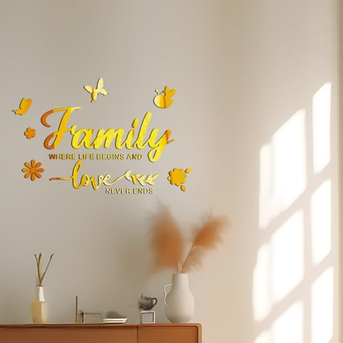 Family Where Life Begins and Love Never Ends Mirror Wall Decal, Spiritual Wall Stickers Peel and Stick Quote Sayings, Acrylic Inspirational Lettering Art Decor for Home Decoration, Gold