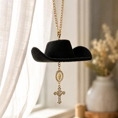 Baptism Car Charm Cowboy Hat Rear View Mirror, Virgin Mary Cross for Car Virgin Mary B