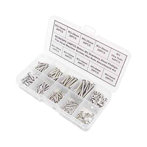 MCMASKE M3 stainless steel Phillips flat head machine screws and hex nuts assortment kit, 240 pieces