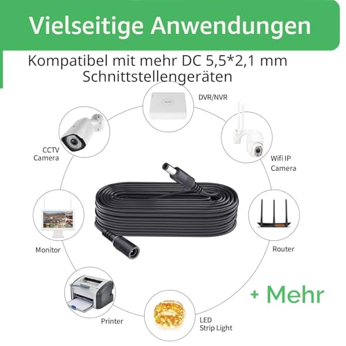 2-Pack 2 m DC Power Extension Cable, Connector 5.5 mm x 2.1 mm, Supports DC 5 V 6 V 9 V 12 V 24 V, for Security Cameras, DVR, Router, Printer, LED Strip, Black