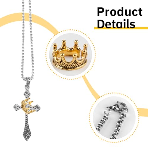 Men's Alloy Crown Cross Necklace, 60cm Chain – Durable Religious Pendant Jewelry for Him, Stylish Faith Gift