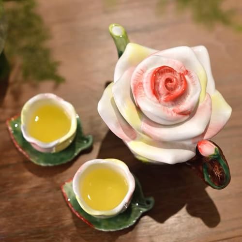 Ceramic Mini Rose Tea Pot Set, 3D Hand-painted Flower Cup and Leaves Saucer, Set of 5