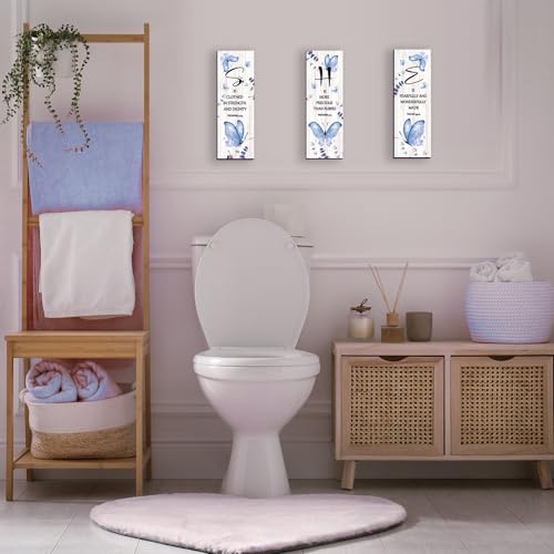 DONFENTHY 3 Pcs Butterfly Wall Decor Blue Room Decor Butterfly Wall Art Wooden Hanging with Religious Bible Word Sign for Women Room Bathroom Bedroom Office Decoration(Blue, 12x4 Inch)