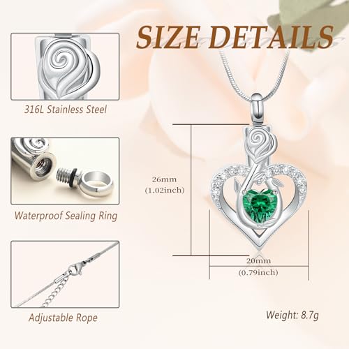 Minicremation Cremation Jewelry for Ashes Rose Flower Heart Necklace for Women Girl Birthstone Memorial Keepsake Jewelry Urn Pendant Silver-Green