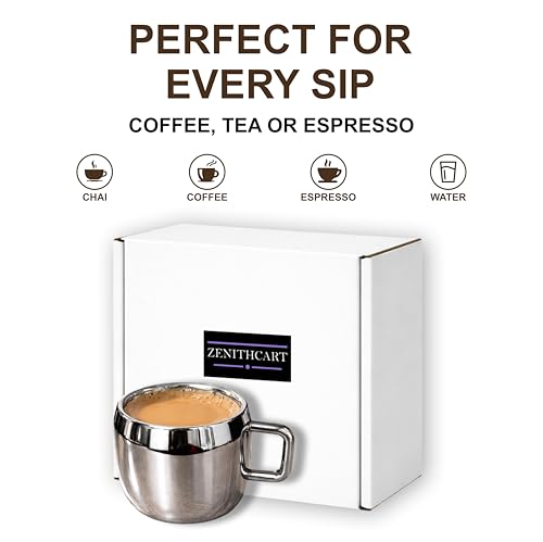 Stainless Steel Tea Cup | Espresso Cups | Chai Coffee Cup | Metal Espresso Cup | Mini Tea Cup | Water Cup For Home or Office- Double Wall (Small Size) | (50 ml Each) | (Set of 6)