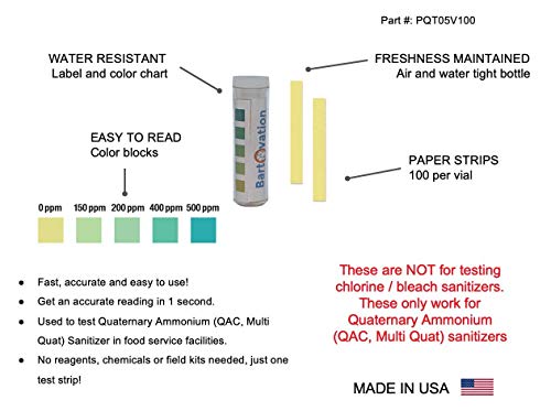 Bartovation quaternary ammonium test paper strips, 0–500 ppm, 200-pack in dispenser vial