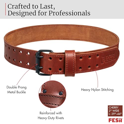 FESA men's cherry top grain leather tool belt with tool pouch, 2-inch wide, size L