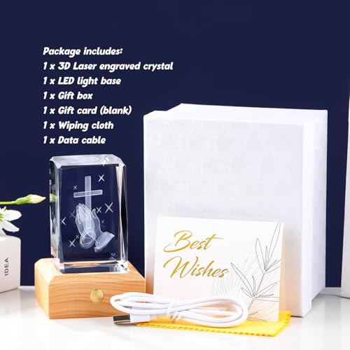 Arikyrist 3D Crystal Praying Hands Statue with Wooden Colorful LED Base Praying Hands With Cross