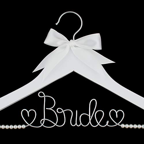 Bride to Be Wedding Dress Hanger Wooden and Wire Hangers for Brides Gowns, Dresses (White with Silver Wire and Strand Pearls) White With Silver Wire and Strand Pearls