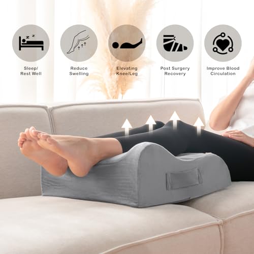 LightEase Memory Foam Leg Positioner pillow supporting knees, ankles, and legs for surgery recovery and elevation.