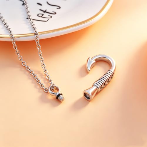 Fishing Hook Keepsake Jewelry 316L Stainless Steel Fish Hook Cremation Urn Necklace Pendant Ashes Urn Holder Memorial Jewelry Unisex Keyring
