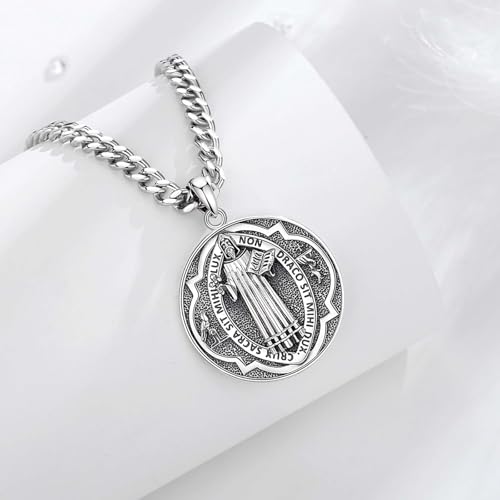 INFUSEU St Christopher/St Michael/St Benedict/Saint Jude//Virgin Mary Miraculous Medal Jesus Cross 7 Archangels Seal 925 Sterling Silver Pendant for Men Women Saints Necklace Religious Amulets 01-Saint Benedict 3
