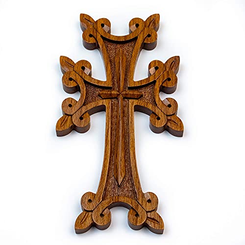 HandCraftoria Wooden Wall Cross with Ornaments best Armenian Handmade gift souvenir (brown) brown